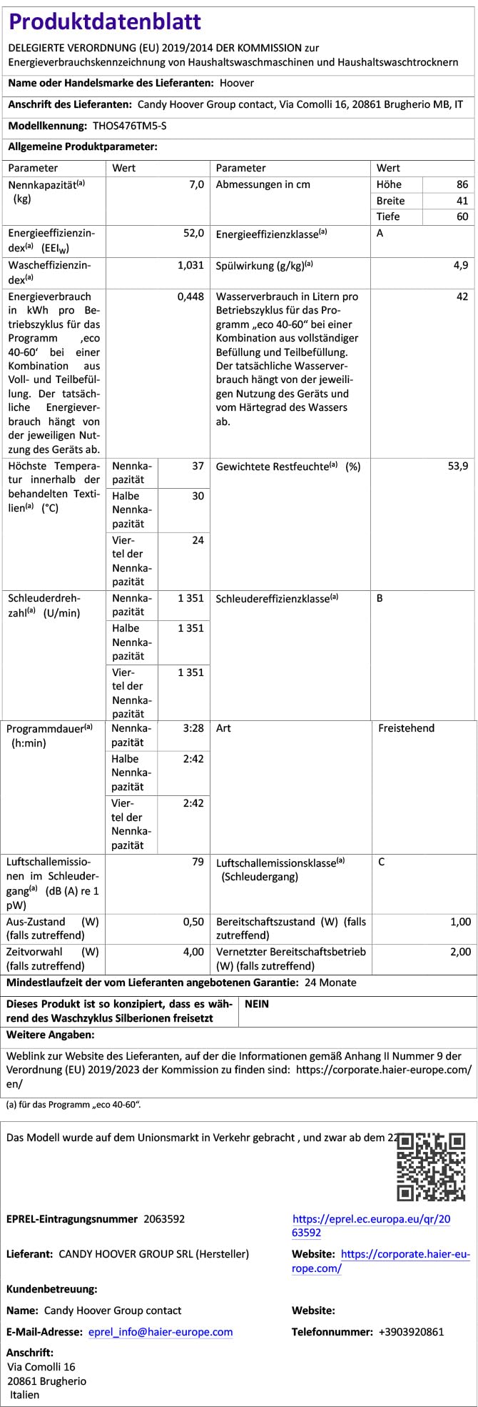 Hoover Toplader Waschmaschine THOS476TM5-S 7 kg I Smarte Bedienung mit Wi-Fi und Bluetooth I Nachlegefunktion I Mix Power System I 1400 U/min Schleuderdrehzahl I Weiß