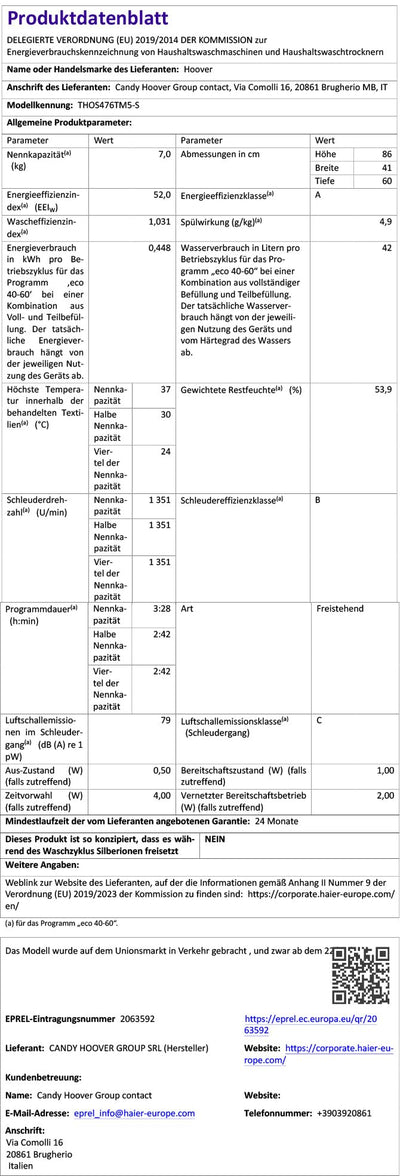 Hoover Toplader Waschmaschine THOS476TM5-S 7 kg I Smarte Bedienung mit Wi-Fi und Bluetooth I Nachlegefunktion I Mix Power System I 1400 U/min Schleuderdrehzahl I Weiß