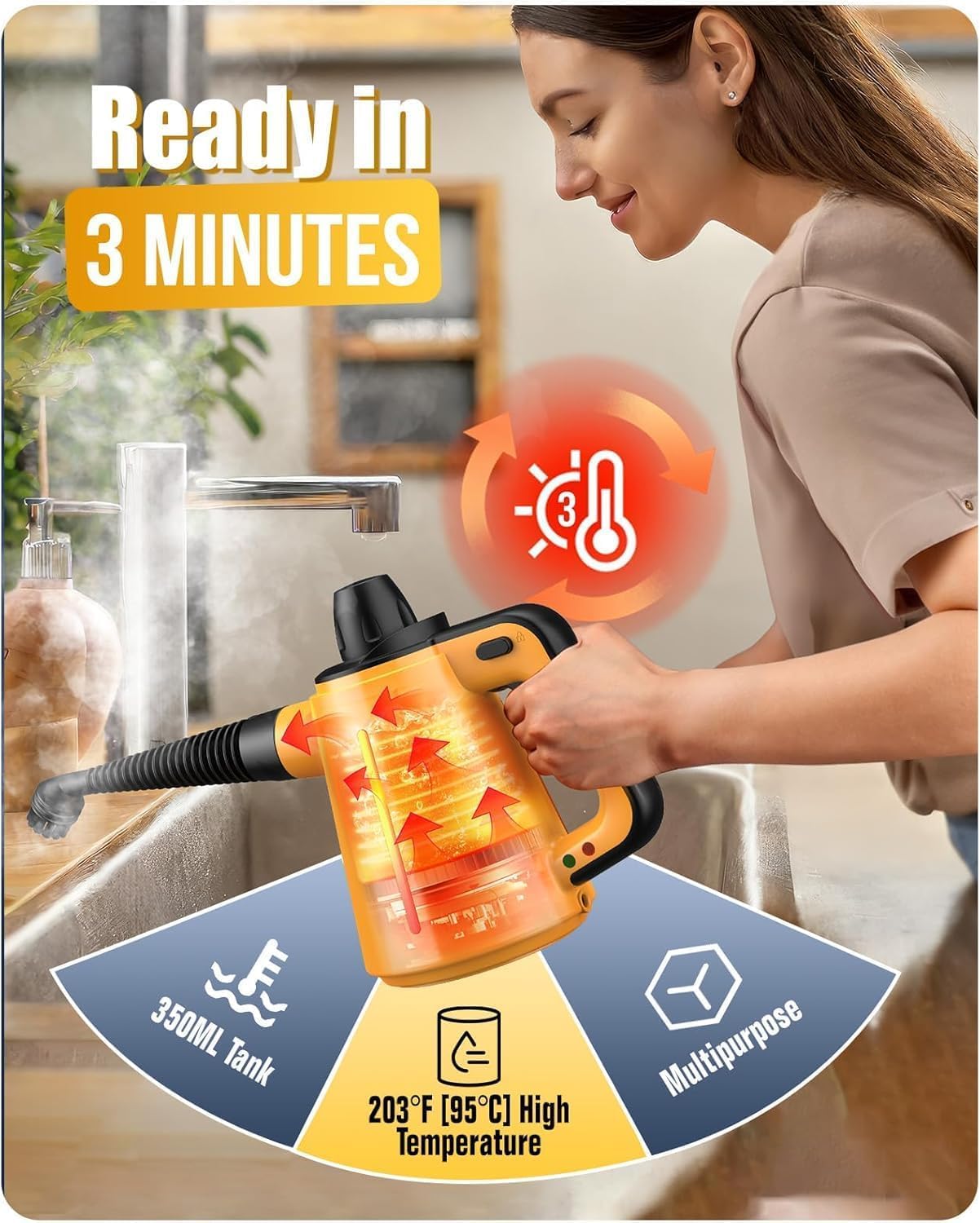 Tragbarer Dampfreiniger Handgerät, 1050W Dampfreiniger für Alles mit 10 Zubehörteilen Dampfdruck 3.5Bar Aufheizzeit 3Min Tank 380ML Dampfente Handdampfreiniger, Steam Cleaner Sofa Boden Polstermöbel