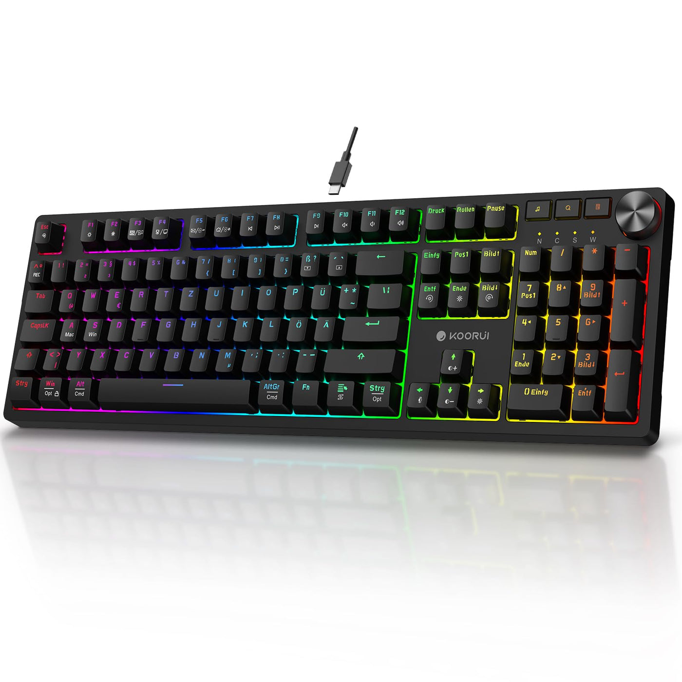KOORUI Gaming Tastatur, Mechanisch Tastatur QWERTZ Deutsches Layout 104 Tasten 26 RGB Hinterleuchtet Kabelgebunden Gaming Keyboard für Windows MacOS Linux-Blauer Schalter