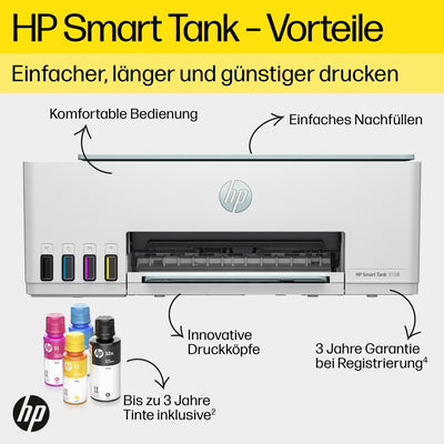 HP Smart Tank 5108 3-in-1 Multifunktionsdrucker (WLAN; Mobiles Drucken) – 3 Jahre Tinte inklusive, 3 Jahre Garantie, großer Tintentank, hohe Reichweite, Drucken in hoher Qualität