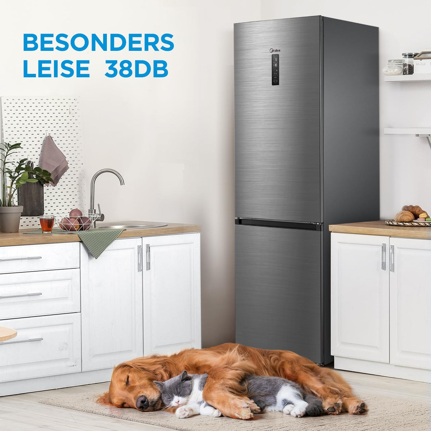 Midea MDRB521MIC46A Kühl-/Gefrierkombination/No Frost/WiFi-Steuerung/Inverter Kompressor/201 cm hoch / 59,5 cm breit /70 cm tiefe/177 kWh/Jahr/256 L Kühlteil/122 L Gefrierteil, Front Inox