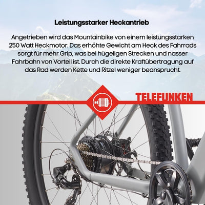 TELEFUNKEN MTB E-Bike Herren 29 Zoll, Elektrofahrrad Hinterradmotor, 7-Gang Kettenschaltung, Scheibenbremsen - Pedelec Mountainbike