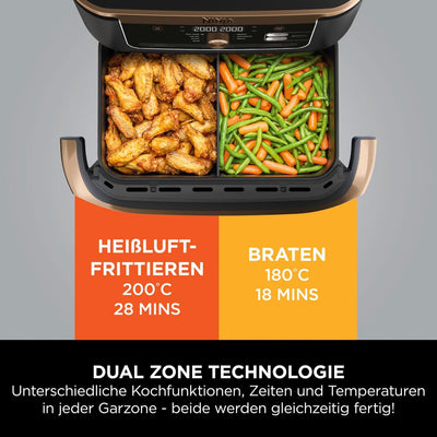 Ninja Foodi FlexDrawer Dual Zone Heißluftfritteuse, Digitale Air fryer mit 10,4-Fach und herausnehmbarem Trenner, Antihaftbeschichtung, spülmaschinenfester Korb, 7-in-1, Schwarz & Kupfer, AF500EUCP