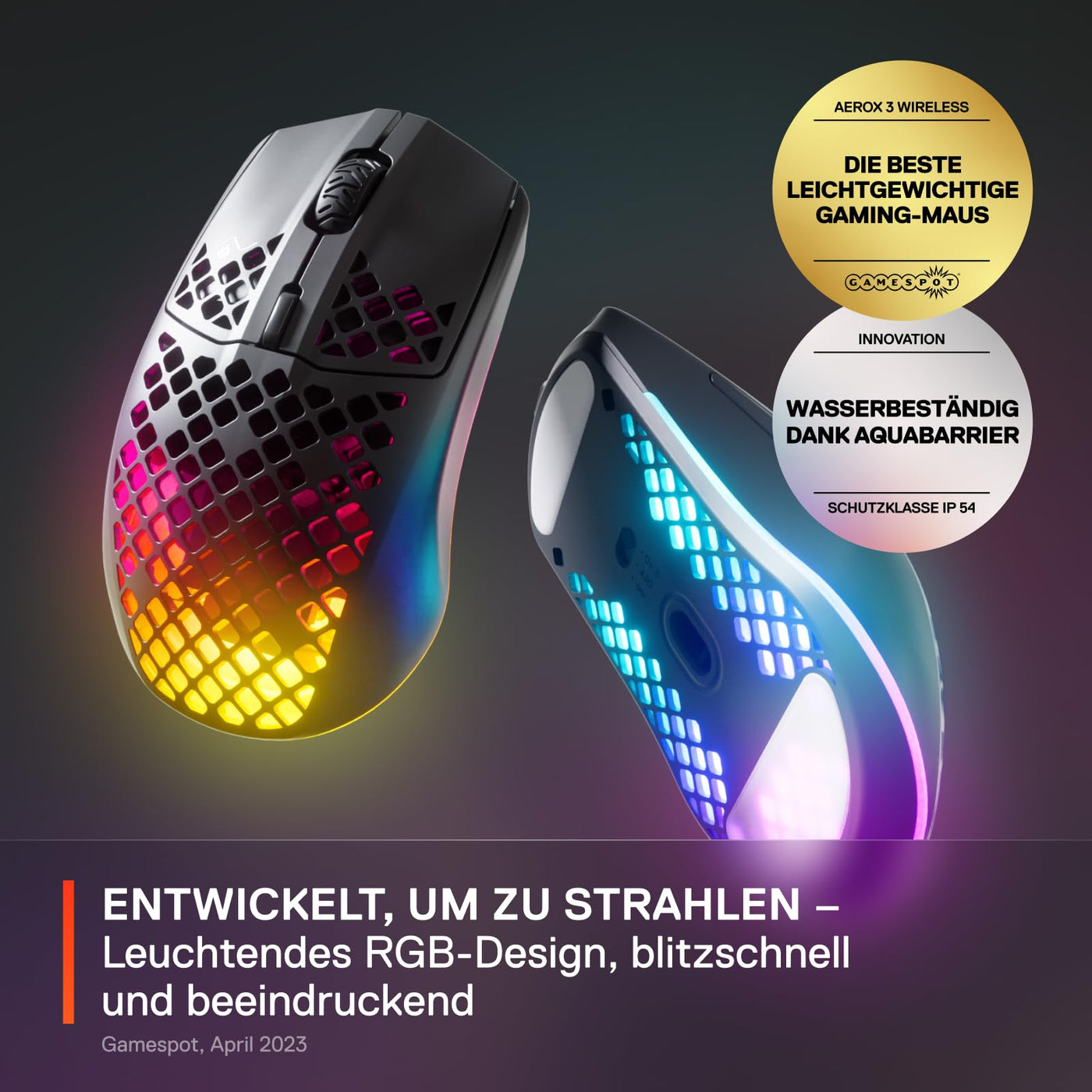 SteelSeries Aerox 3 Wireless - RGB Gaming-Mouse mit Öffnungen in der Oberfläche - Federleichtes, wasserabweisendes Design - Optischer TrueMove Air-Sensor mit 18.000 DPI - Onyx