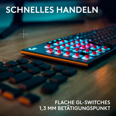 Logitech G G915 X LIGHTSPEED TKL – flache kabellose Gaming-Tastatur mit Double-Shot-PBT-Tastenkappen, RGB-Hintergrundbeleuchtung, roten linearen GL-Switches für PC/Mac, DEU QWERTZ-Layout - Schwarz