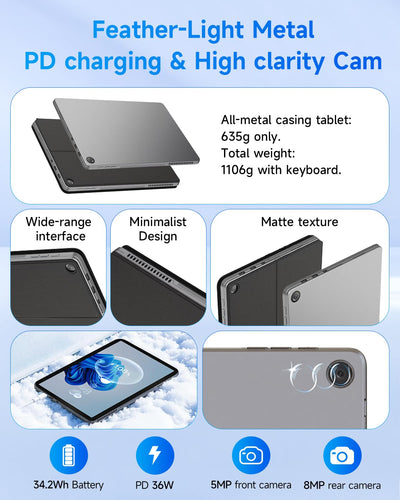 BNCF 11 Zoll 2-in-1 Laptops, Win 11 Touchscreen PC kompatibel mit Alder Lake N150, 12GB RAM 512GB SSD, 1920x1200 IPS FHD Tablet USB-C/HDMI WiFi 6 mit magnetischer Tastatur und Kickstand