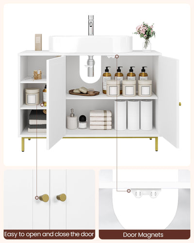 Hzuaneri Waschbeckenunterschrank, Unterschrank, Waschtischunterschrank, Badezimmerschrank mit 2 Türen, verstellbare Ablage, viel Stauraum, Moderner Stil, 30 x 90 x 63 cm, Weiß BC09803G