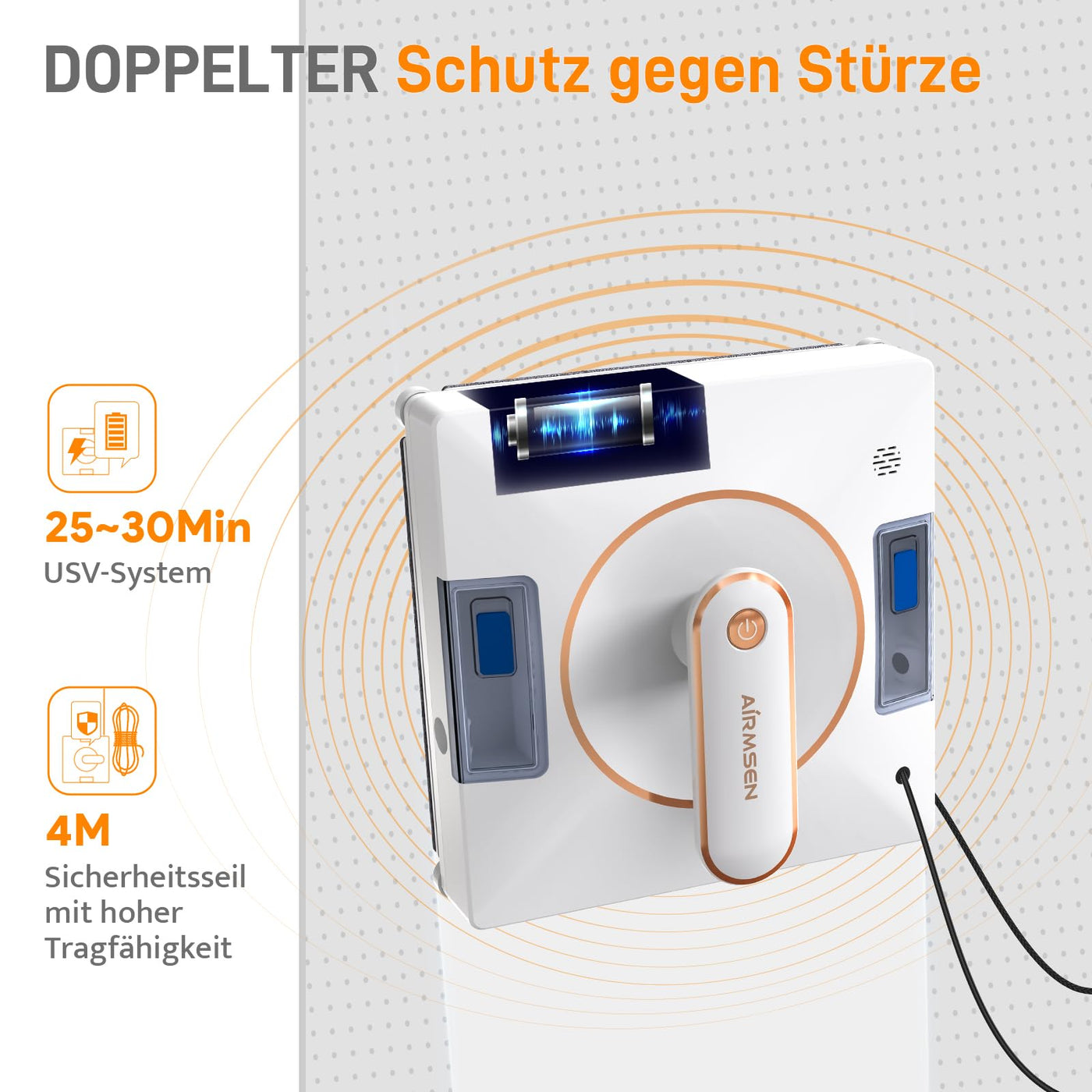 AIRMSEN YW500 Fensterputzroboter, Intelligenter Elektrischer Fensterputzer 3000Pa geeignet zur Glasreinigung, Automatische Wegplanung, Standort Speicher, Kantenerkennung Technologie