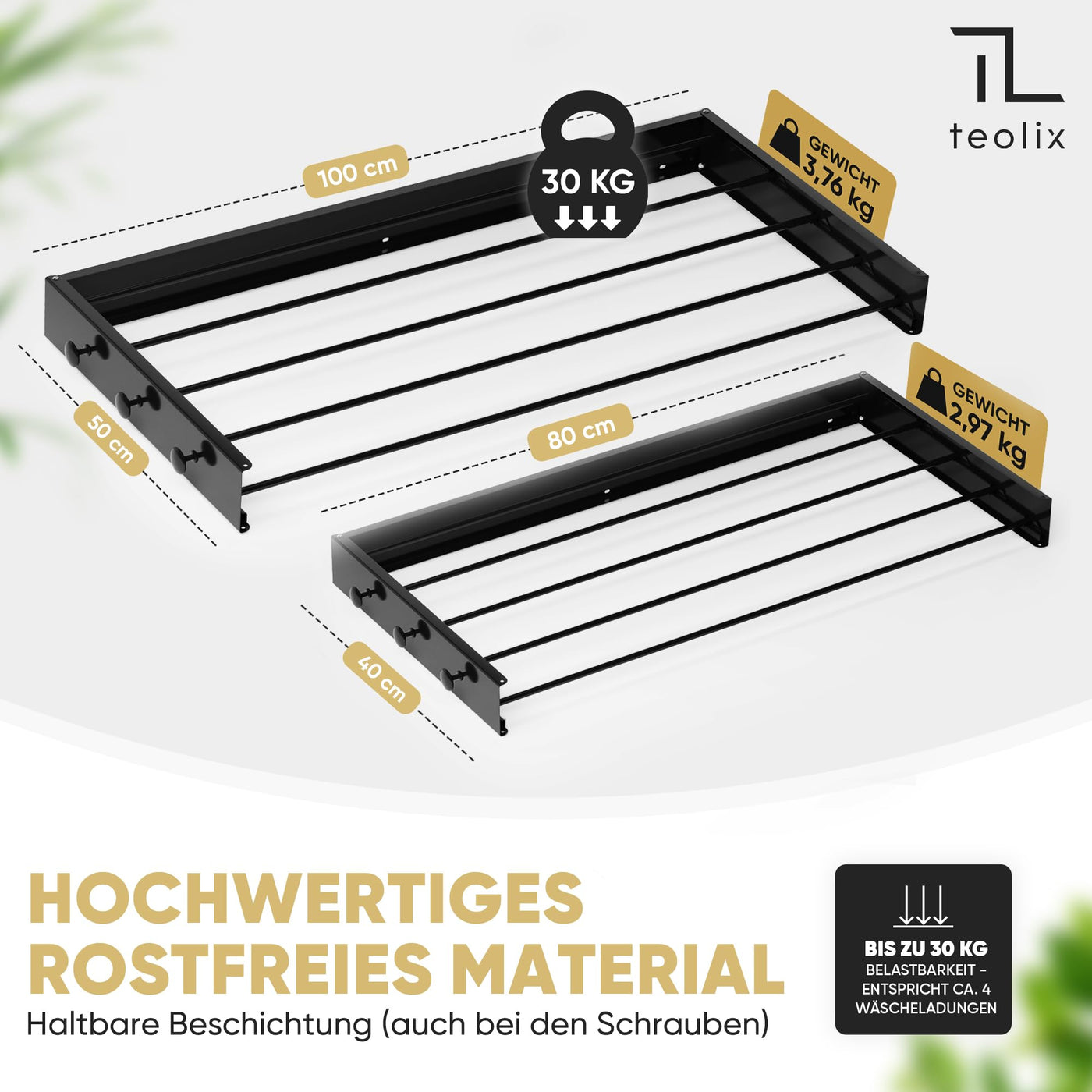 teolix Wäscheständer Wandmontage [2in1 mit extra Kleiderhaken] Ausziehbar und Platzsparend | Wäschetrockner Klein für Wand | Clothes Drying Rack Zeitlos Praktisch - (Schwarz, 80cm)