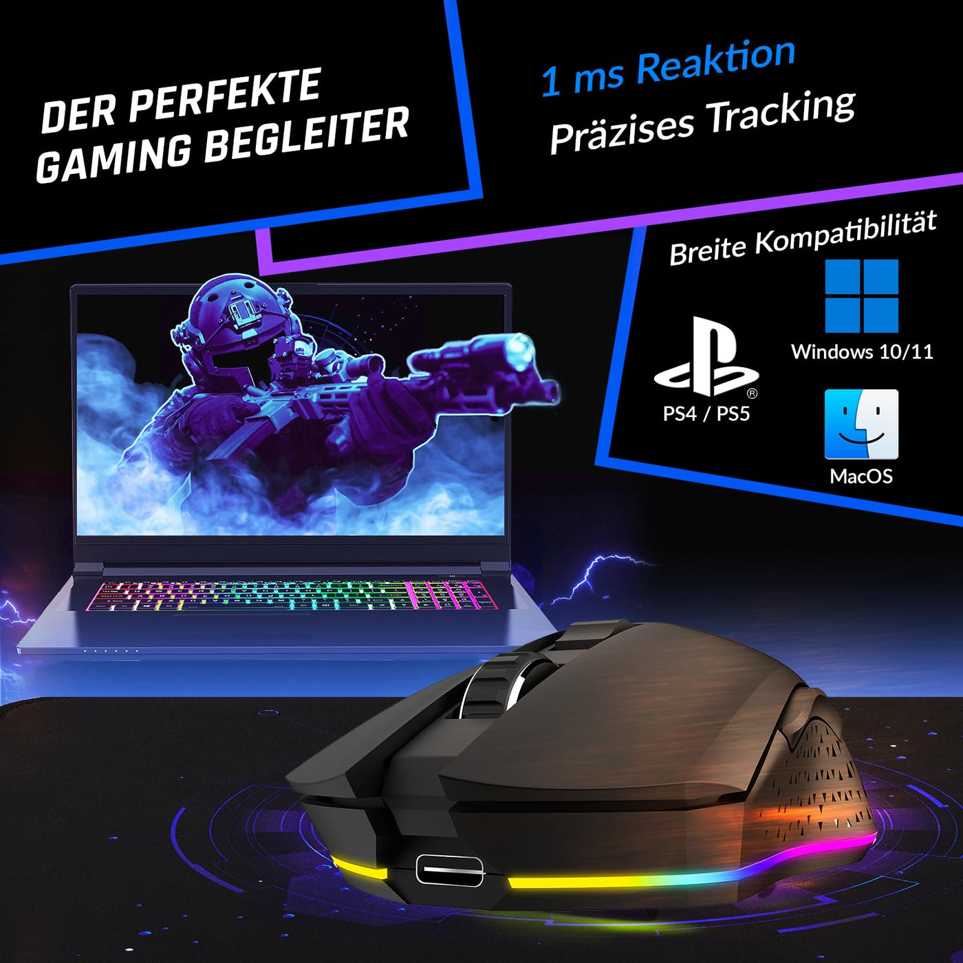 KLIM Blaze - Wiederaufladbare kabellose RGB Gaming Maus - NEU 2023 - Hochpräziser Sensor mit Langer Akkudauer - Einstellbar auf bis zu 10000 DPI - Kabel- und Funk Maus Modus (Schwarz)