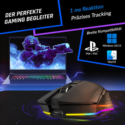 KLIM Blaze - Wiederaufladbare kabellose RGB Gaming Maus - NEU 2023 - Hochpräziser Sensor mit Langer Akkudauer - Einstellbar auf bis zu 10000 DPI - Kabel- und Funk Maus Modus (Schwarz)