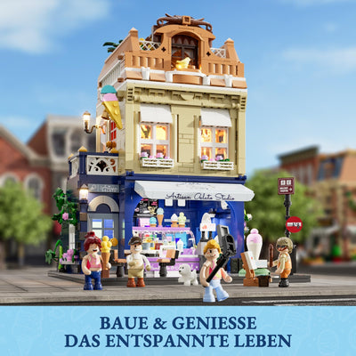 FUNWHOLE Stadtleben Eisdiele Klemmbausteine Haus,Modular Building mit Beleuchtung,F9078,Gelato Store