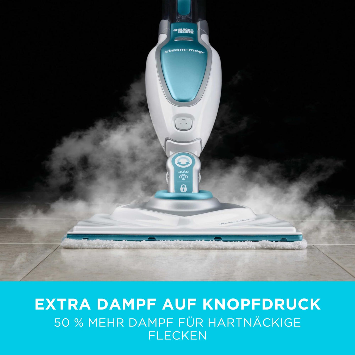 BLACK+DECKER 1600W Dampfreiniger Steam Mop Deluxe (selbststehender Dampf Mop für versiegelte Hartböden, Bodenreinigung mit waschbarem Microfaser-Pad, 180° drehbarer, herausnehmbarer Fuß) FSM1630-QS