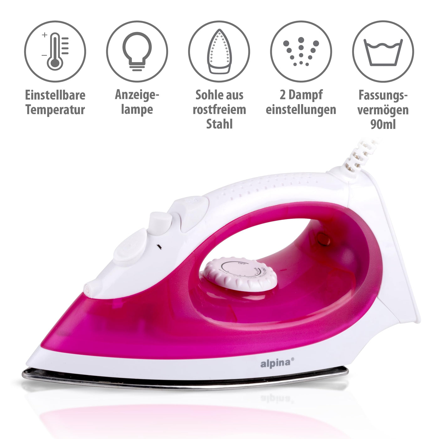 alpina Dampfbügeleisen - Dampfglätter 2000W - Bügeleisen mit Dampf- und Wassersprühfunktion - Einstellbare Temperatur und Wassertank 120ml - Edelstahlsohle - Rosa/Weiß
