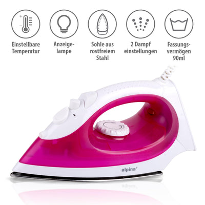 alpina Dampfbügeleisen - Dampfglätter 2000W - Bügeleisen mit Dampf- und Wassersprühfunktion - Einstellbare Temperatur und Wassertank 120ml - Edelstahlsohle - Rosa/Weiß