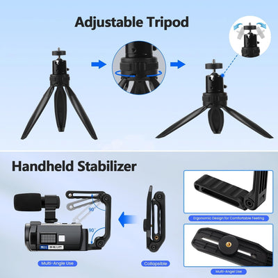 Videokamera 5K 56MP Camcorder Vlogging Kamera für YouTube,WiFi Nachtsicht 3" 270° drehbarer Touchscreen Video Vlogging Camera mit 64GB Karte, Mikrofon, Stabilisator, Fernbedienung,2 Batterien,Stativ