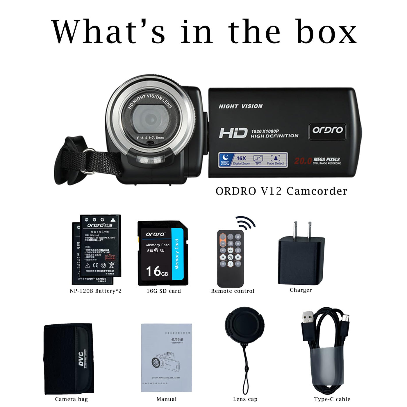 ORDRO V12 Videokamera Camcorder Full HD 1080P 30FPS Infrarot Nachtsichtkamera 3.0 Zoll LCD Bildschirm 16X Zoom Camcorder mit 16GB Memory Karte Fernbedienung und 2 Akkus