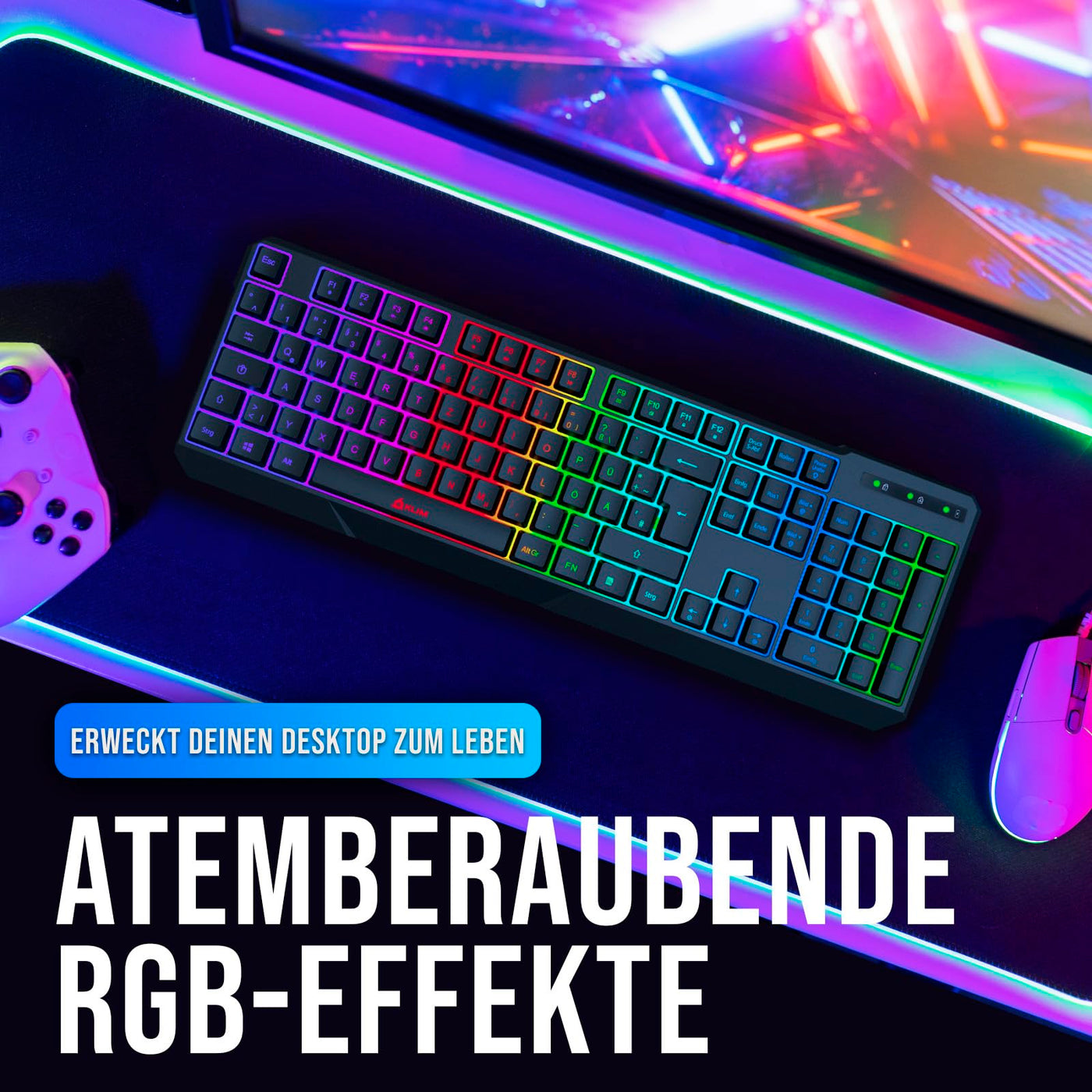 KLIM Chroma Wireless Gaming Tastatur Kabellos QWERTZ DEUTSCH - NEU - Langlebig, Ergonomisch, Wasserdicht, Leise - RGB Kabellose Tastatur Gaming für PC PS4 PS5 Mac - Schwarz