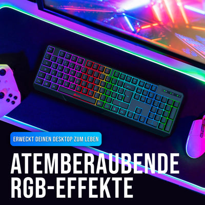 KLIM Chroma Wireless Gaming Tastatur Kabellos QWERTZ DEUTSCH - NEU - Langlebig, Ergonomisch, Wasserdicht, Leise - RGB Kabellose Tastatur Gaming für PC PS4 PS5 Mac - Schwarz
