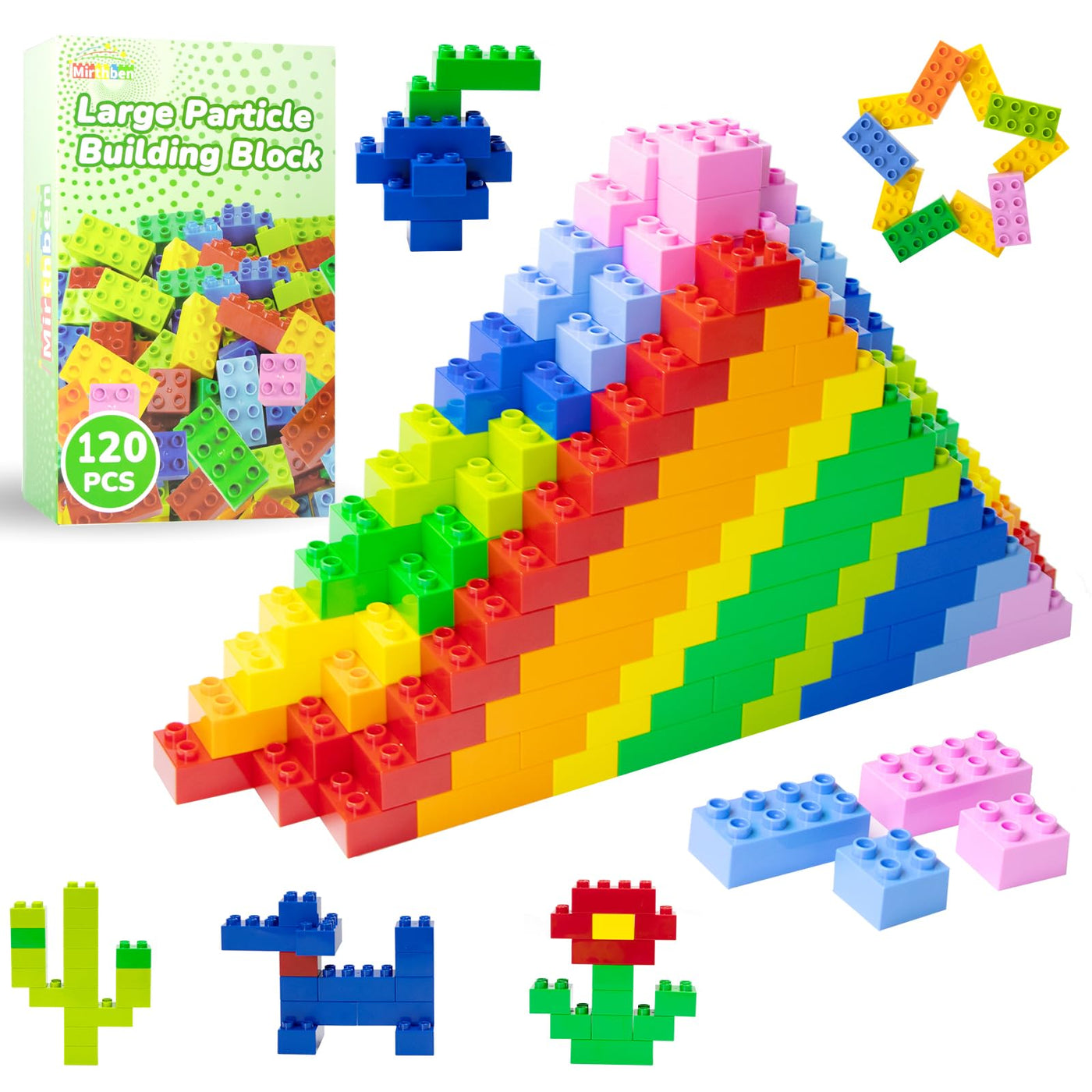 Mirthben 120 Stück Große Bausteine Set, 2 Formen und 8 Farben Bauklötze, Kompatibel mit Duplo Steine und Allen führenden Marke, Bunte Bauspielzeug für Kinder ab 3 Jahren