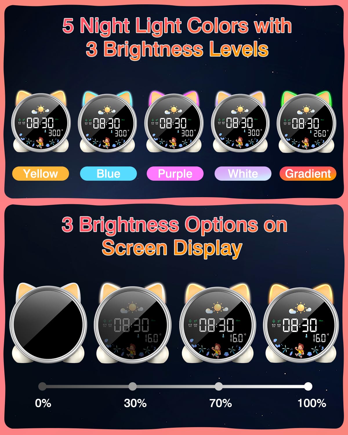 Lemnoi Kinderwecker Lichtwecker für Jungen und Mädchen, Batteriebetrieben Kinder Schlaftrainer mit Nachtlicht, Countdown, Snooze-Funktion, 3 Helligkeitsstufen und Buntem Licht, Lichtwecker für Kinder