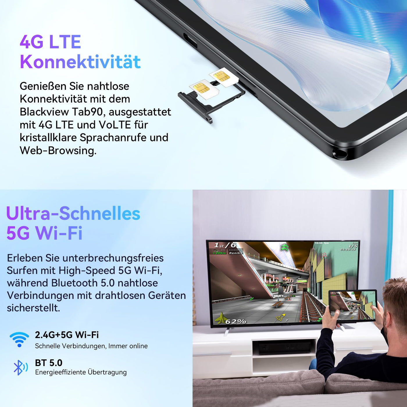 Blackview Tab 90 11 Zoll Tablet,24GB RAM+128GB ROM(2TB TF), 4G LTE+5G WiFi Android 14 Tablets PC,Octa-Core Gaming Tablet mit 8200mAh Akku,5MP+13MP,Dual Kamera,Tablets mit Widevine L1Face ID/GMS/GPS