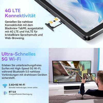 Blackview Tablet 11 Zoll Tab90 Android Gaming Tablet 4G LTE+5G WLAN 24GB(8+16) RAM 128GB ROM (2TB TF) 8200mAh 5MP+13MP Unisoc Tablets Octa-Core, Face ID/GMS/GPS/3.5MM Kopfhörerbuchse/BT5/Widevine L1