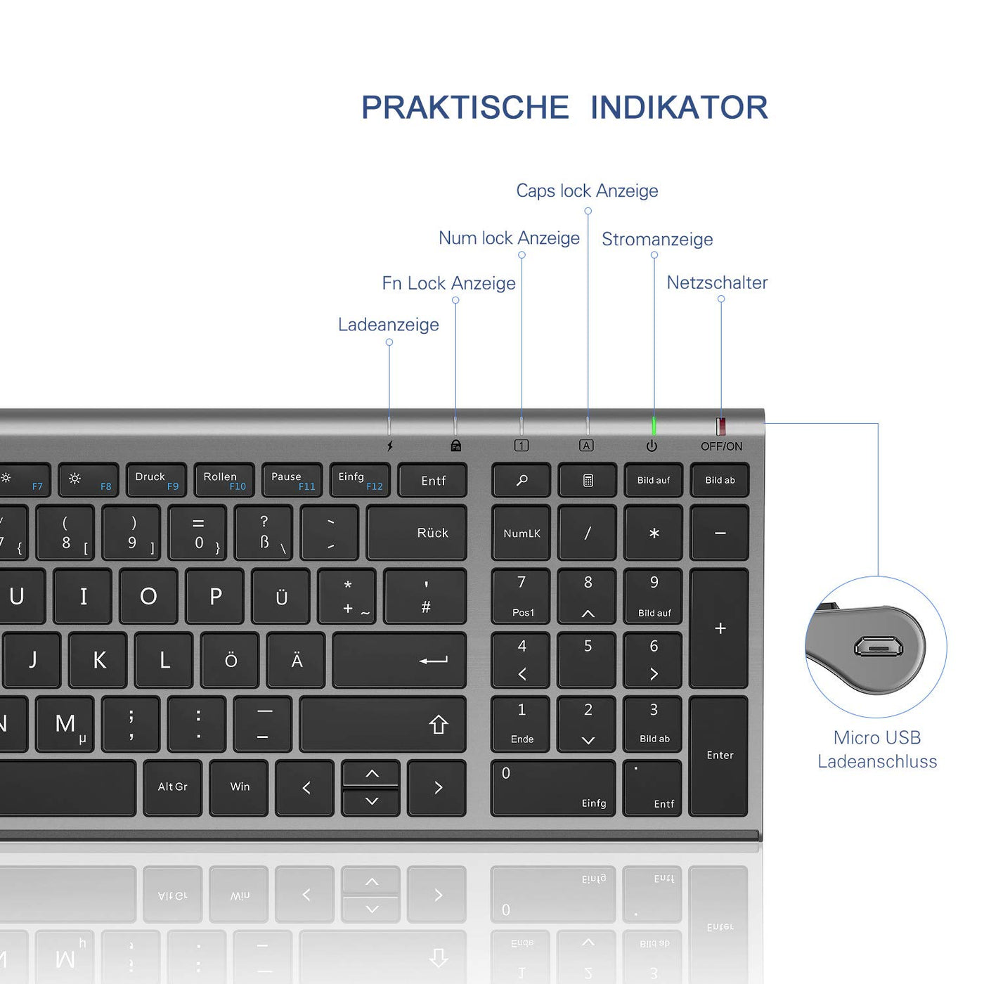 seenda Tastatur Maus Set Kabellos, Wiederaufladbare Kleine Funktastatur mit Maus, Leise Tastatur mit Aluminiumgehäuse für PC/Laptop/Smart TV, QWERTZ Layout, Grau