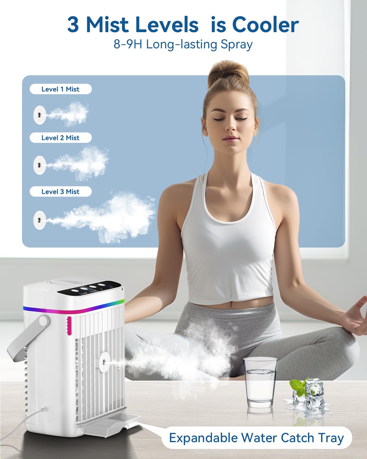 Mobile Klimaanlage, 1250ml Mini Klimaanlage, USB 4 in 1 Tragbare Mobile Klimagerät mit 1/2/3 H Timer, 3 Geschwindigkeiten & 3 Nebelmodi, 7 Farben Mini Luftkühler für Hause, Büro