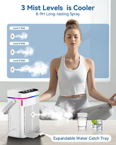 Mobile Klimaanlage, 1250ml Mini Klimaanlage, USB 4 in 1 Tragbare Mobile Klimagerät mit 1/2/3 H Timer, 3 Geschwindigkeiten & 3 Nebelmodi, 7 Farben Mini Luftkühler für Hause, Büro