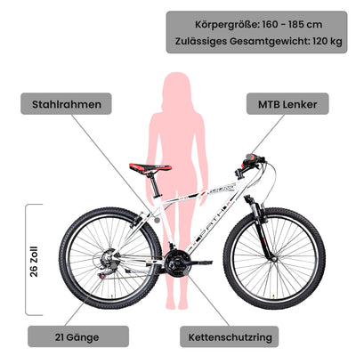 Galano Mountainbike Hardtail 26 Zoll Path MTB Fahrrad 21 Gang Mountain Bike 26" (weiß/schwarz, 46 cm)