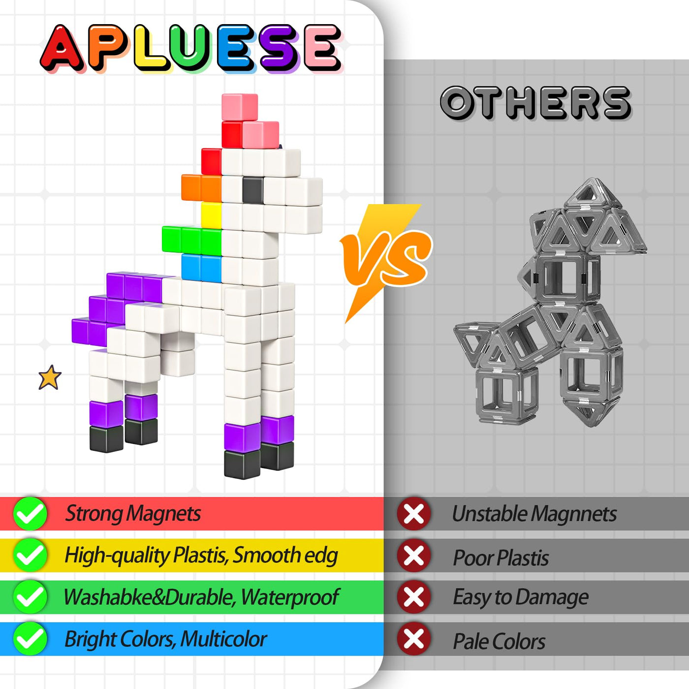 Apluses 54-Teiliges Magnetische Bausteine, Magnetische Bauklötze für Kleinkinder ab 3 Jahren, Montessori-Spielzeug, Magnetwürfel, Magneten für Kinder im Alter von 3-5 Jahren, Jungen und Mädchen