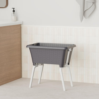 Spetebo Wäschekorb mit klappbaren Füßen 60 x 40 cm - schwarz - Stand Wäschebox mit Beinen auf Knopfdruck ausgeklappt - Wäsche Sammler Box Korb stehend und recycelbar