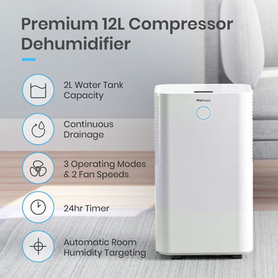 Pro Breeze Luftentfeuchter 12L in 24h Entfeuchtungsleistung - Luftentfeuchter elektrisch mit Feuchtigkeitssensor, Ablaufschlauch, Digitalanzeige, Schlafmodus, Timer - Gegen Feuchtigkeit, Schimmel