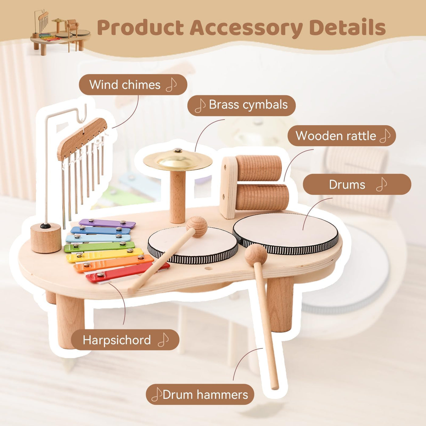 Mamimami Home Musikinstrumente für Kinder ab 1 Jahr ,Trommel Set ,Montessori Lernspielzeug Schlagzeug Mit Xylophon Baby Holz,7 In 1,Musical Spielzeug