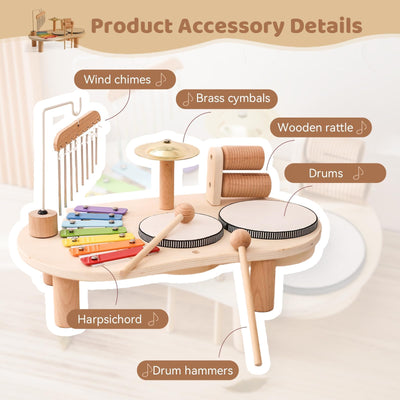 Mamimami Home Musikinstrumente für Kinder ab 1 Jahr ,Trommel Set ,Montessori Lernspielzeug Schlagzeug Mit Xylophon Baby Holz,7 In 1,Musical Spielzeug