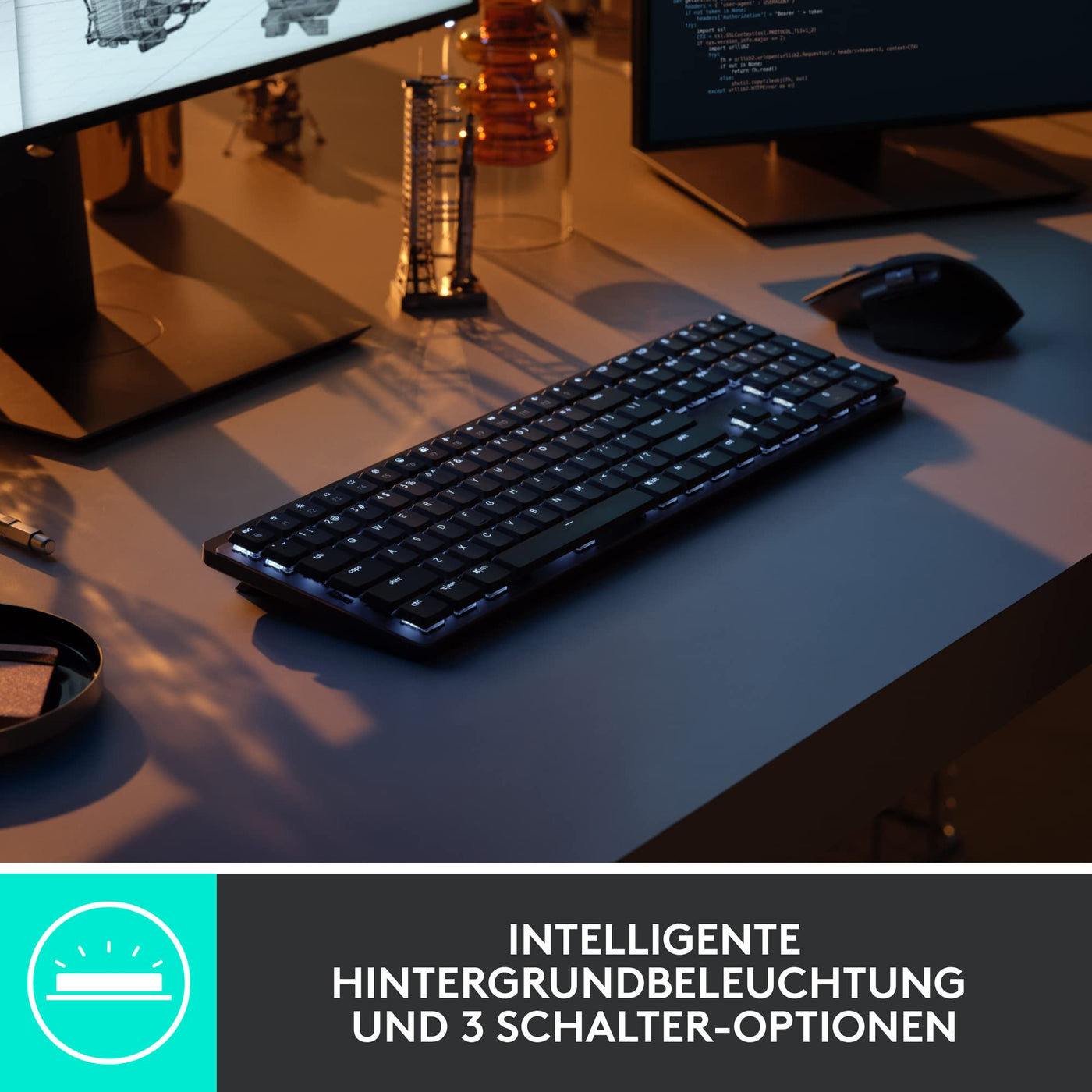 Logitech MX Mechanical kabellose beleuchtete Tastatur Standardgröße Linear, MX Master 3S kabellose Hochleistungs-Bluetooth-Maus, macOS, Windows, Linux, iOS, Android, DEU QWERTZ - Grau