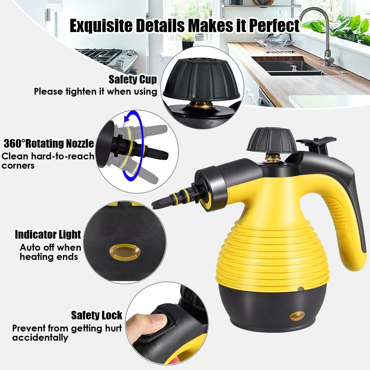 SOARS Dampfreiniger Handgerät mit 9 Zubehör, Dampfdruck: 3 bar, Max. 135 ℃, Aufheizzeit: 3-5min., Leistung: 1050W, Wassertank: 350 ml, Handdampfreiniger für Teppiche, Boden, Fenster