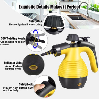 SOARS Dampfreiniger Handgerät mit 9 Zubehör, Dampfdruck: 3 bar, Max. 135 ℃, Aufheizzeit: 3-5min., Leistung: 1050W, Wassertank: 350 ml, Handdampfreiniger für Teppiche, Boden, Fenster