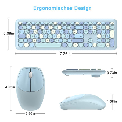 PINKCAT Tastatur Maus Set kabellos farbig, 2.4G Bunte Funktastatur mit Maus Retro Tastatur Cute Wireless Keyboard Silent Mouse für Computer/Desktop/PC/Laptop Geschenke - Blau
