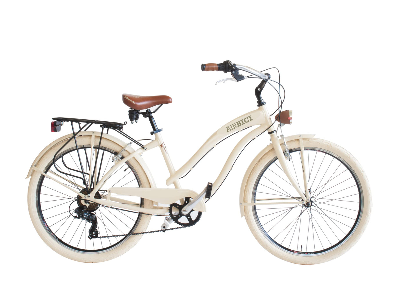 Airbici Fahrrad Beachcruiser Damen 26" Beige | City-Bike | BeachCruiser Bike 26 Zoll 6-Gang, Aluminiumrahmen, Schutzbleche, LED-Licht und Gepäckträger