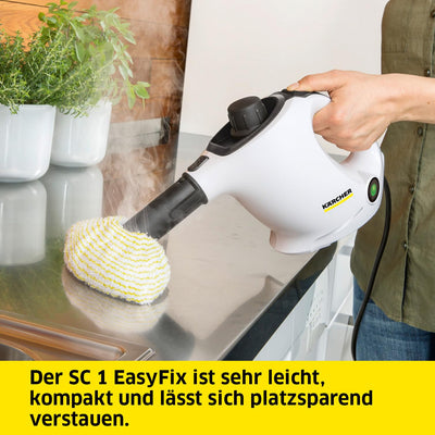 Kärcher Dampfreiniger SC 1 EasyFix, Dampfdruck: 3 bar, Aufheizzeit: 3 min., Leistung: 1.200 W, Flächenleistung: 20 m², Tank: 200 ml, mit Bodenreinigungsset EasyFix, Düsen und Mikrofaserbezug, Weiss