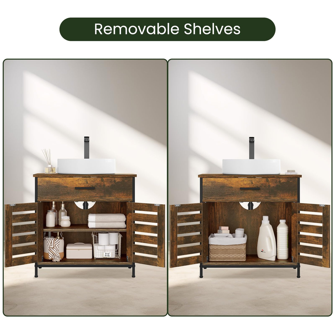 EUGAD Waschbeckenunterschrank, Badezimmer Unterschrank Waschbecken, Badezimmerschrank mit Schublade, 2 Türen, verstellbare Ablage, freistehend, 60x60x30 cm, Rustikles Braun