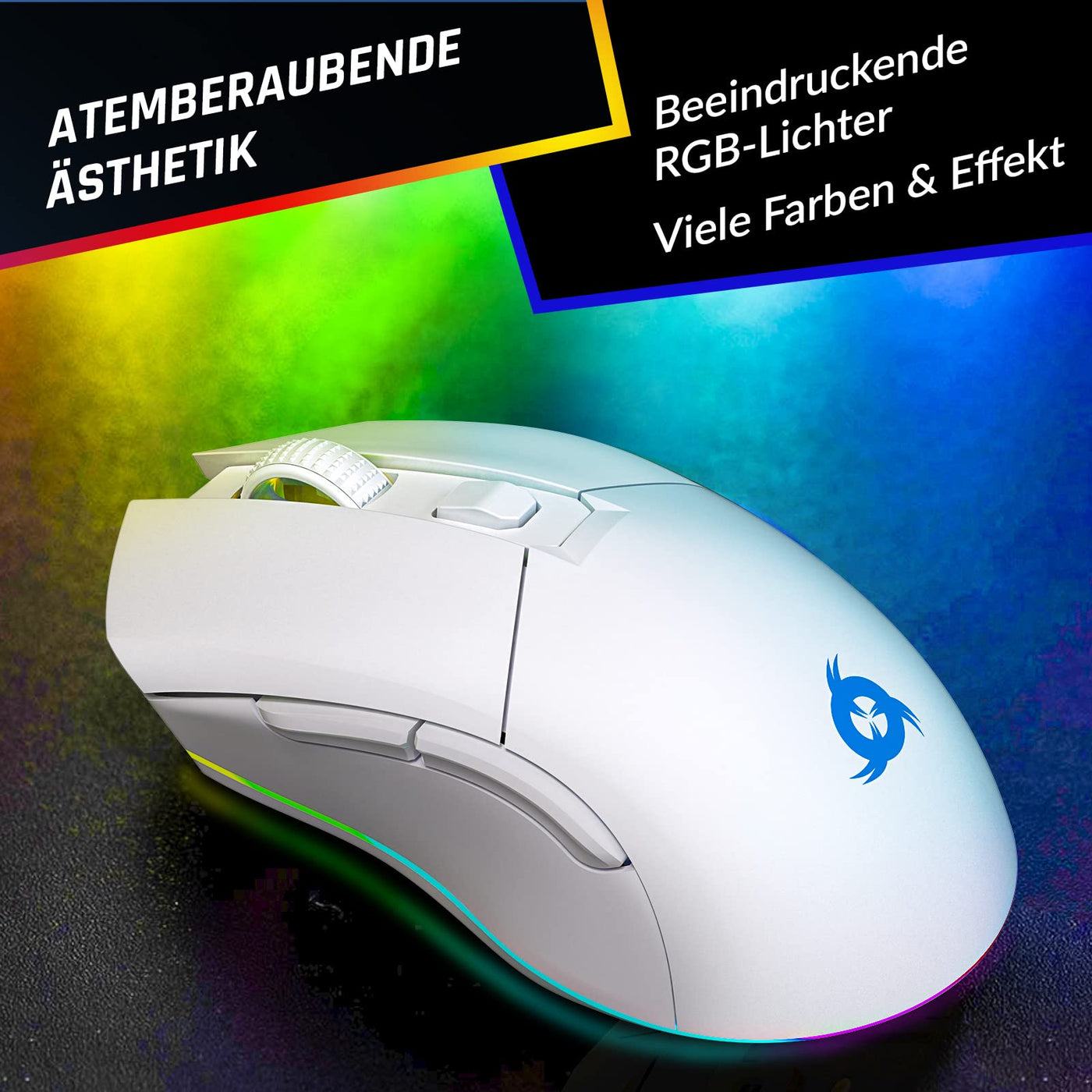 KLIM Blaze Pro – Gaming-Maus, kabellos, RGB wiederaufladbar, mit Ladestation – Neuheit 2024 – Hochpräziser Sensor mit Langer Akkulaufzeit – 6000 DPI – kabelgebundene und kabellose Maus – Weiß