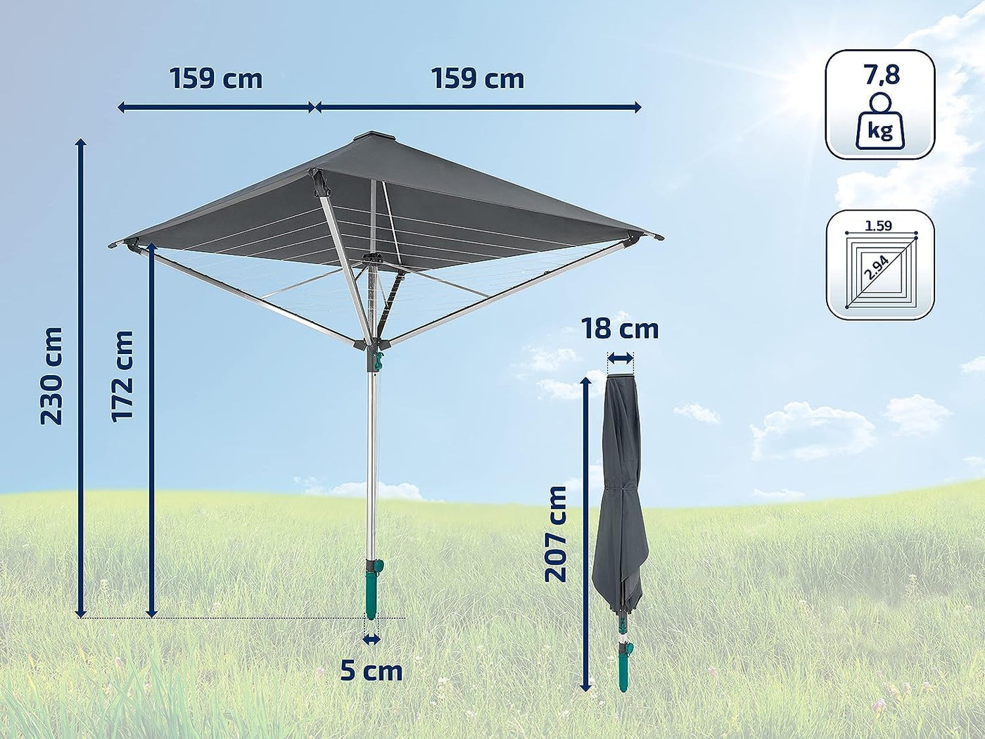 Leifheit Wäschespinne LinoProtect 400 mit wasserdichtem Dach, Wäscheschirm verlängert die Outdoor-Trockensaison, Wäscheständer aus Aluminium inkl. Bodenhülse