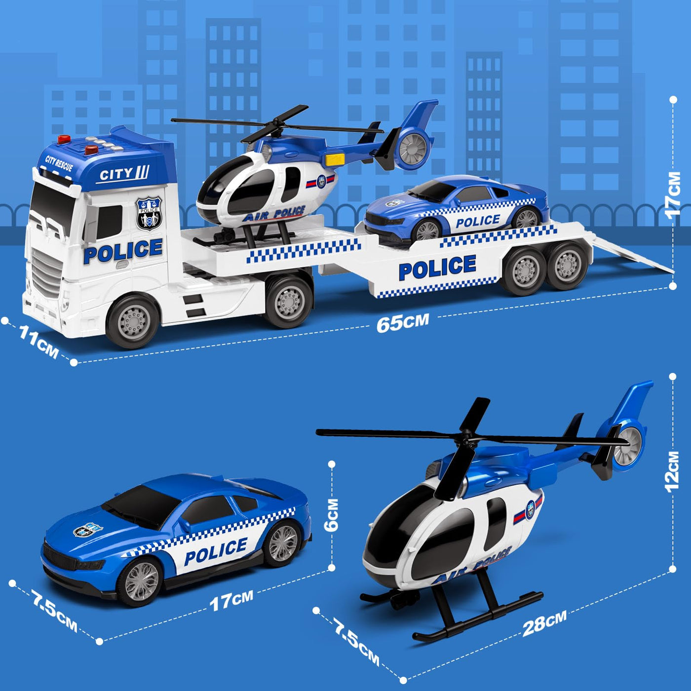 Tacobear Polizei Lastwagen Spielzeug Geschenke ab 2 3 4 5 Junge groß LKW Spielzeug & Hubschrauber Polizeiauto Abnehmbar Anhänger, Reibungsbetrieb Autotransporter Spielzeug Geschenkideen Kinder Jungen