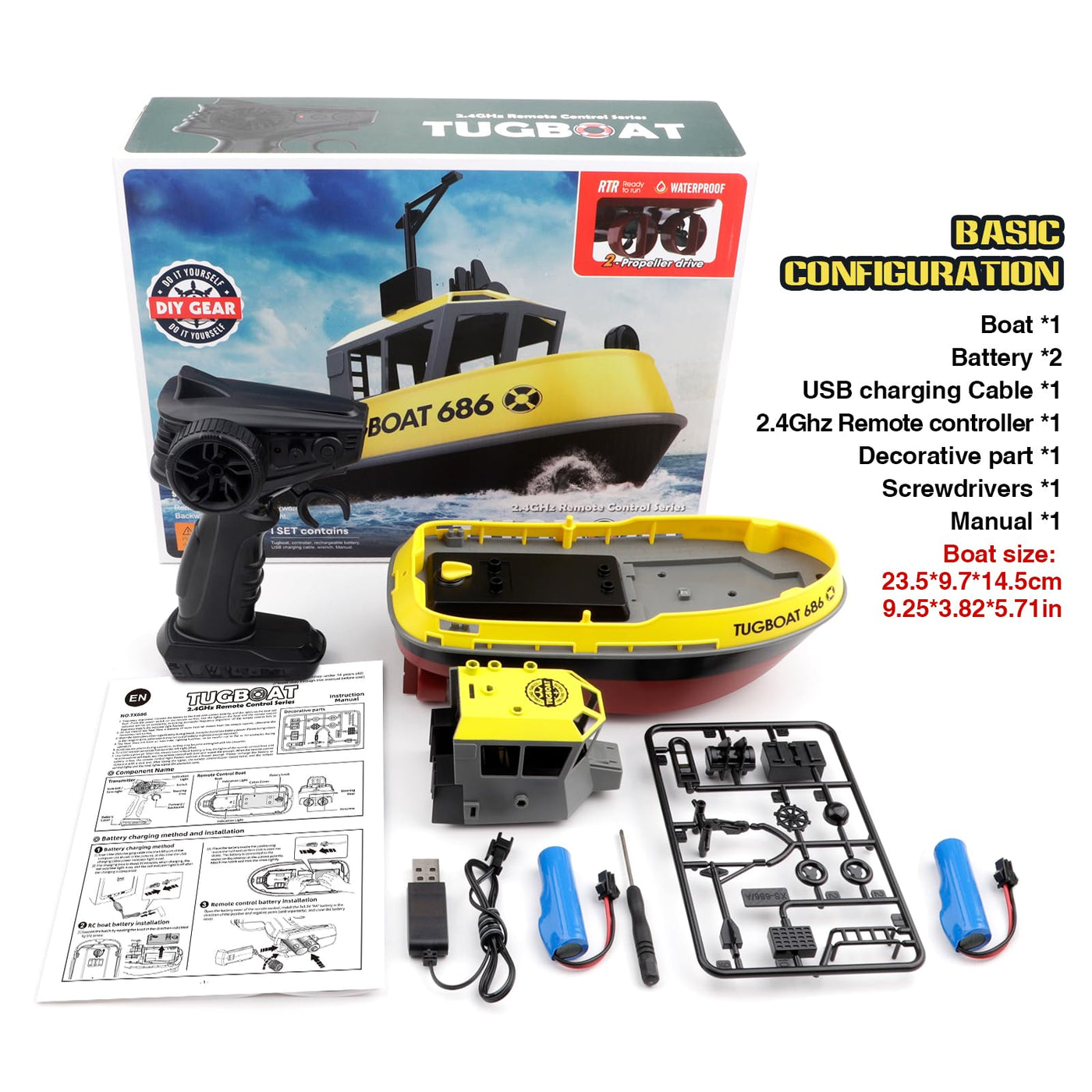 tech rc 1:72 Ferngesteuertes Boot mit 2 Akku(3.7V 600mAh), 2.4Ghz Rc Boot 10km/h 40Mins Laufzeit, Tugboat mit dekorativen Teilen für Kinder für Schwimmbäder und Seen (Gelb)