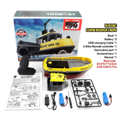 tech rc 1:72 Ferngesteuertes Boot mit 2 Akku(3.7V 600mAh), 2.4Ghz Rc Boot 10km/h 40Mins Laufzeit, Tugboat mit dekorativen Teilen für Kinder für Schwimmbäder und Seen (Gelb)