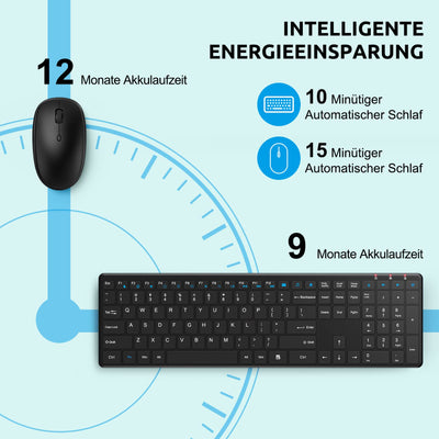 Tastatur Maus Set Kabellos, QCen 2,4GHz UltraDünn Kabellose Tastatur und Maus, Ergonomisch Funktastatur in Standardgröße mit 19 Sondertasten und einen Nummernblock, für PC, Laptop, Deutsches Layout